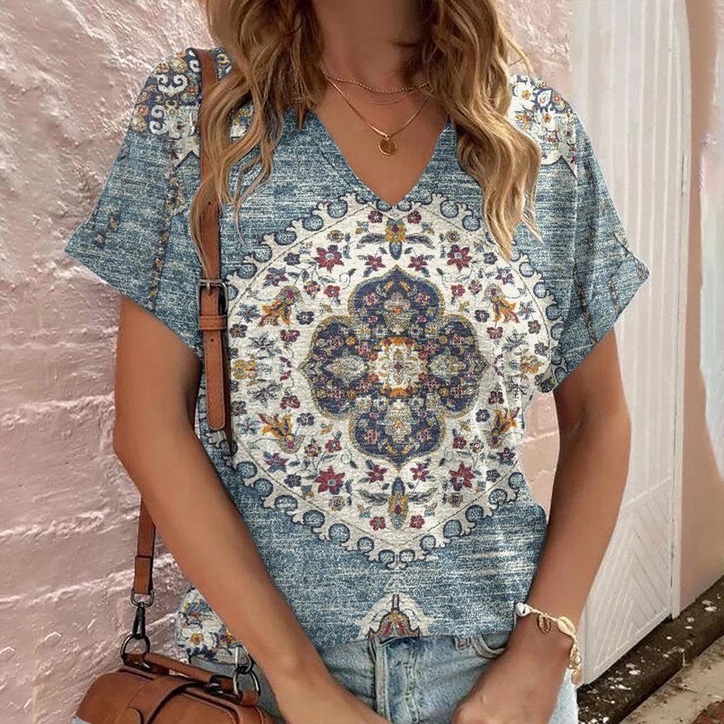 Bohemian Style Short Sleeved 3D Color Printed Trendy Casual Loose T-shirt
