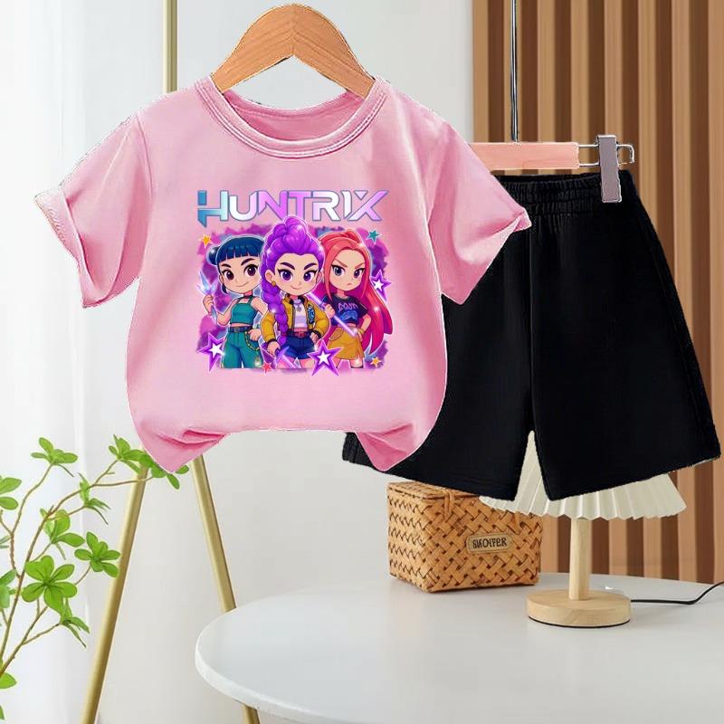 

Summer Children s Casual Outfits K POP Cartoon Printed Girls T Shirt and Shorts Two Piece Set Kids O Neck Short Sleeve Tops Sets 160 рожевий