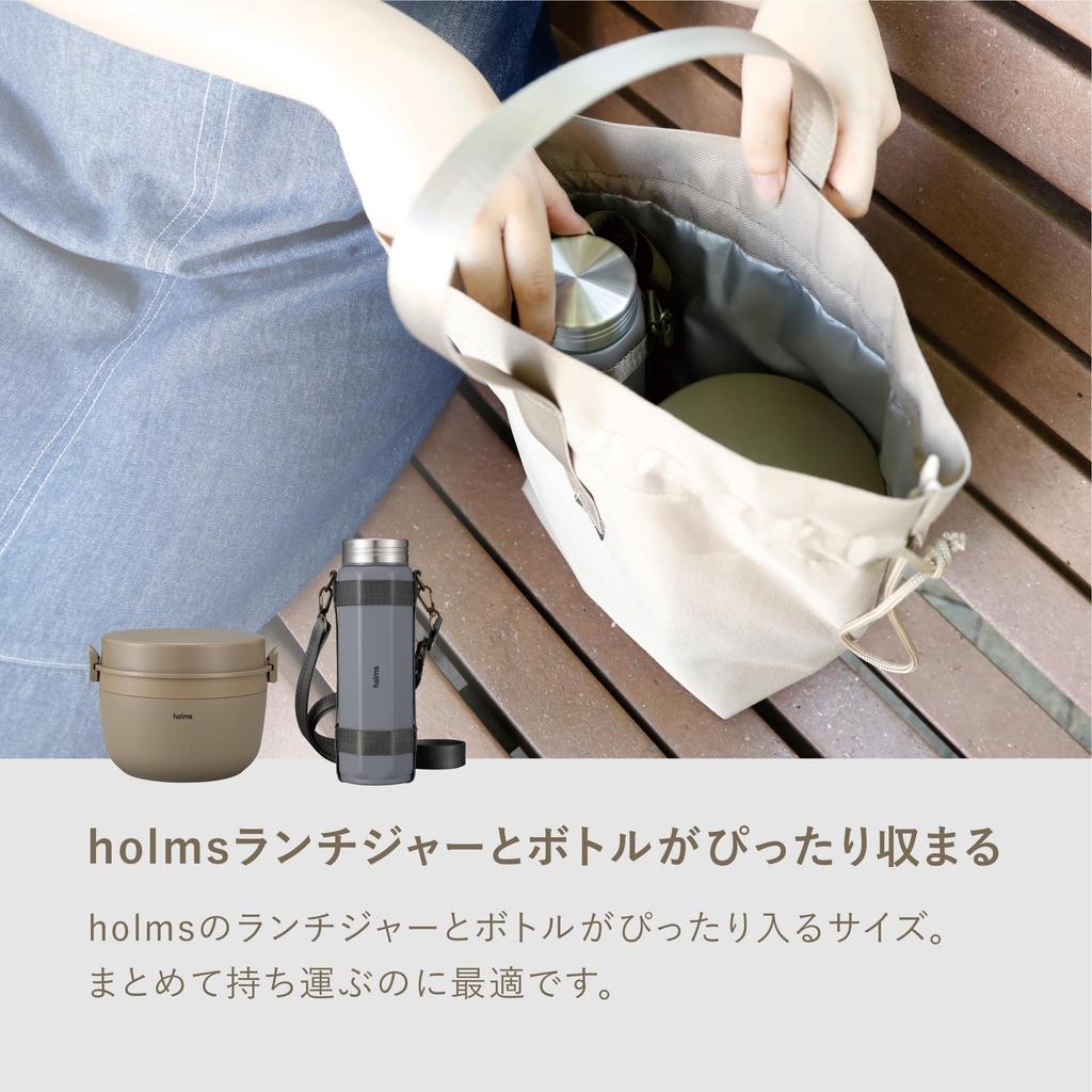 CB Japan Drawstring Lunch 6L Insulated Lunch Jar Holms Bag, Beige, Capacity, Silver-Coated Interior, Bag,