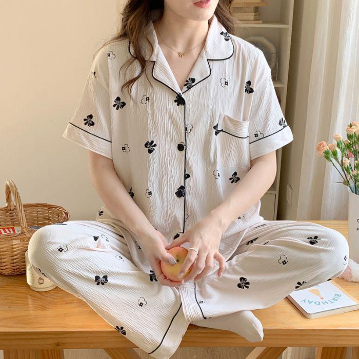 Women's Cute Cartoon Pajama Set - Short Sleeve & Long Pants, Comfortable Summer Home Wear