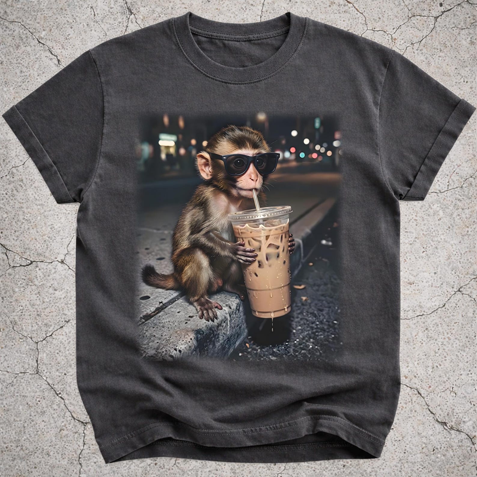 Funny Baby Monkey Drinking Iced Coffee Shirt, Animal Graphic Tee, Coffee Lover Gift 3XL