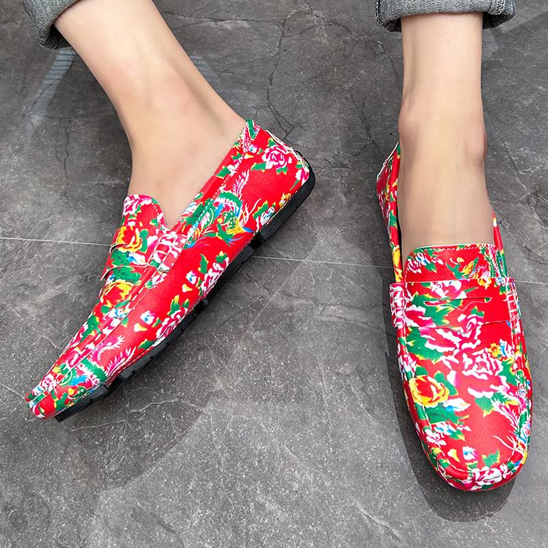 Men’s Moccasins Driving Shoes Comfort Leather Flats Casual Slip-ons Plus Size Flower Print Shoes for Men