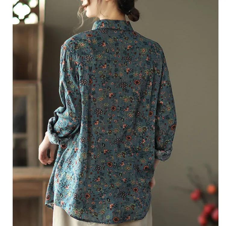Top de primăvară, toamnă, retro, din bumbac, in, pentru femei, cămașă cu imprimeu floral, vintage, artistică, largi, bluză cu mânecă lungă