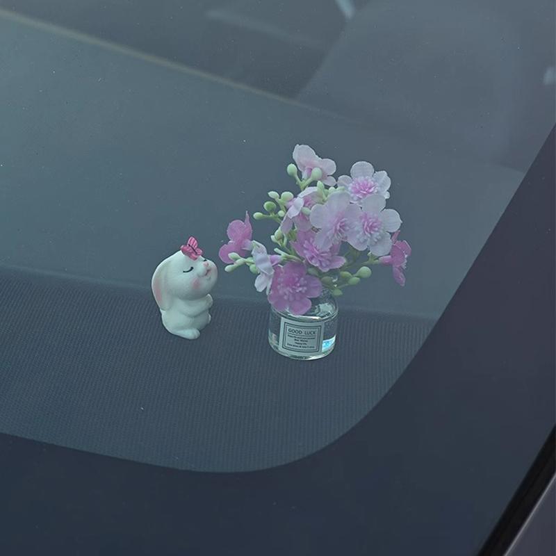 Cute Rose Flower Vase And Rabbit Car Interior Decoration Ornaments Auto Center Console Decoration Gadgets For Car Accessories