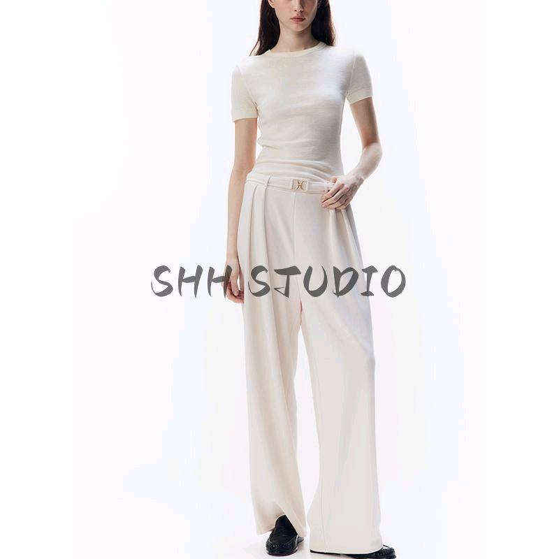 Spring New Women's Clothing French Design Easiest for Match Metal Retaining Ring Decoration High Waist Casual Pants 1224090
