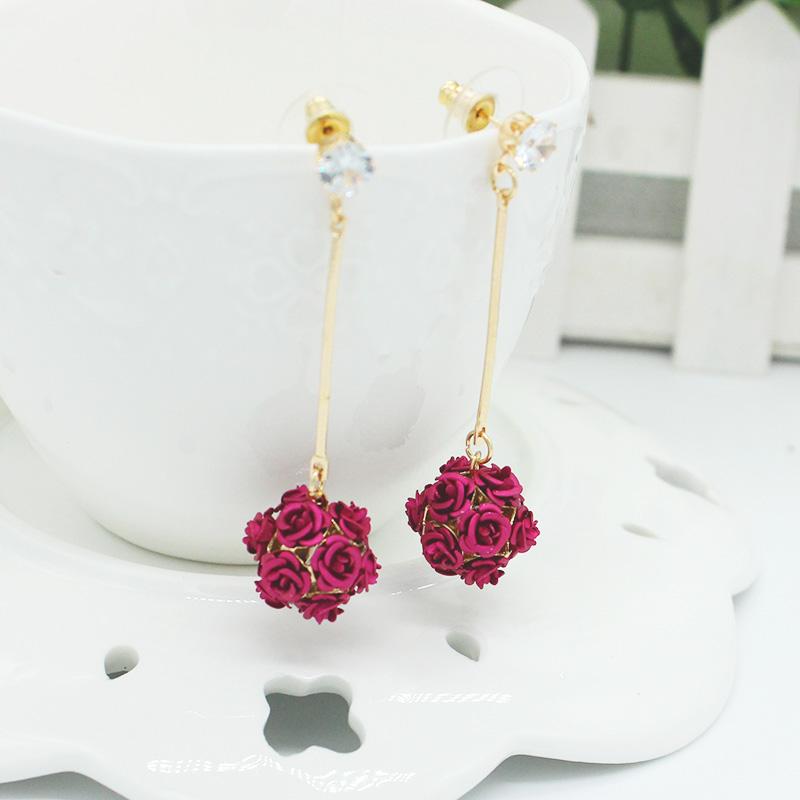 Модный Дизайн, Длинные Цветные Серьги-Шарики с Розами, Корейские Простые Цветы, Серьги для Женщин с Диким и Тонким Характером