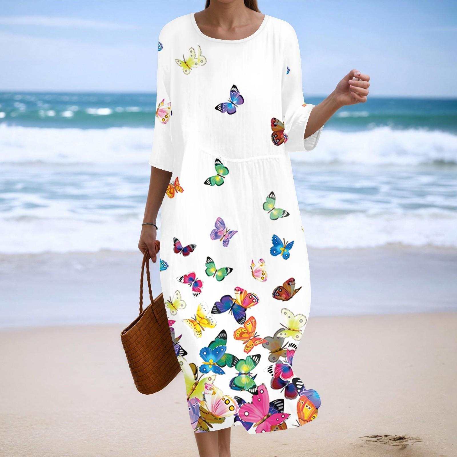 

Women s Fashionable Printed Round Neck Seven Quarter Sleeve Loose Dress XXL белый