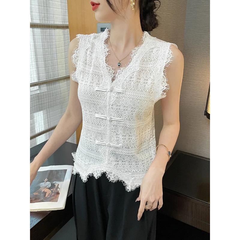 Womens Vintage Lace Sleeveless Top Chinese Frog Button V Neck Blouse M