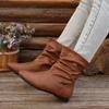 Women's Round-Toe Low-Heel Low-Top Pull-On PU Leather Boots, Simple Versatile Slip-On Casual Footwear.
