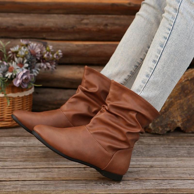 Women's Round-Toe Low-Heel Low-Top Pull-On PU Leather Boots, Simple Versatile Slip-On Casual Footwear.