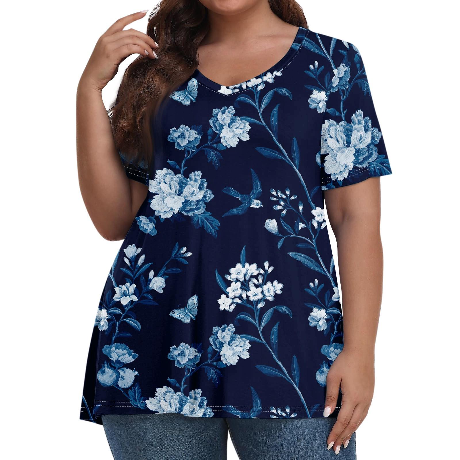 

Женские топы больших размеров, шорты с рукавами, рубашки с V-образным вырезом, повседневная одежда, топы с принтами 7XL синий