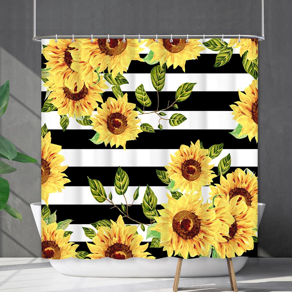 Shower Curtain Waterproof and Mildew-proof Digital Printing Horizontal Strip Plant Flower Printing Shower Curtain Partition Curtain Free Punching