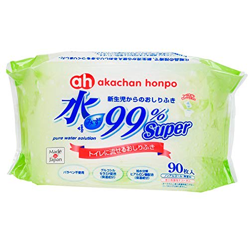 Akachan Honpo Baby Honpo 99% Water Super Flushable Baby Wipes, 90 Sheets X 12 Packs