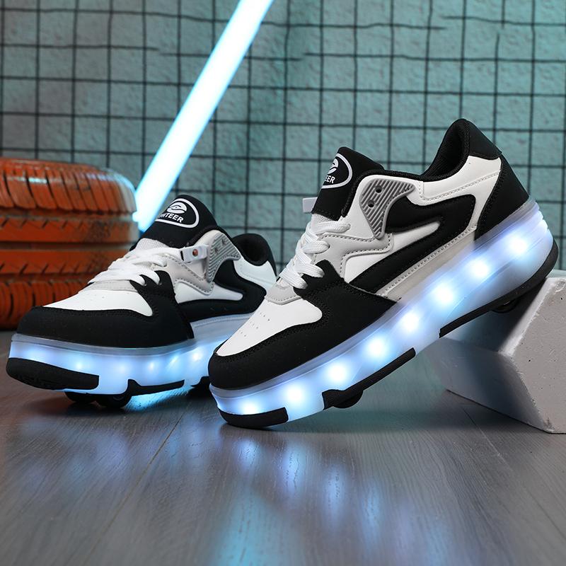 

29-40 Детские четырехколесные съемные плоские спортивные туфли Перезаряжаемые светодиодные светящиеся спортивные туфли Четырехколесные роликовые коньки 31 белый/чёрный