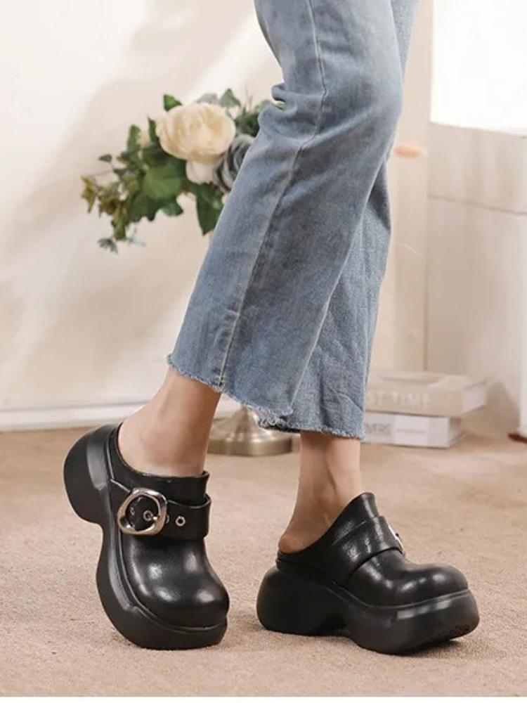 Johnature Genuine Leather Round Toe Thick Soled Shoes Retro Belt Buckle Outdoor Platform Slippers