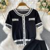 Summer Women Knitted Sweater Suit Short Sleeve Single Breasted Cardigan Top and Ankle Length Pant Two Piece Set For College Girl