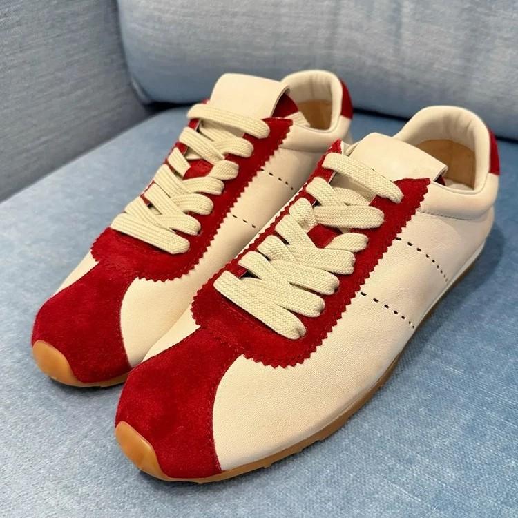 Cowhide Version~ Retro Color Matching Lace-up Round Head Flat Bottom Light Casual Sports Shoes German Training Shoes Women's Versatile Forrest Gump Sh