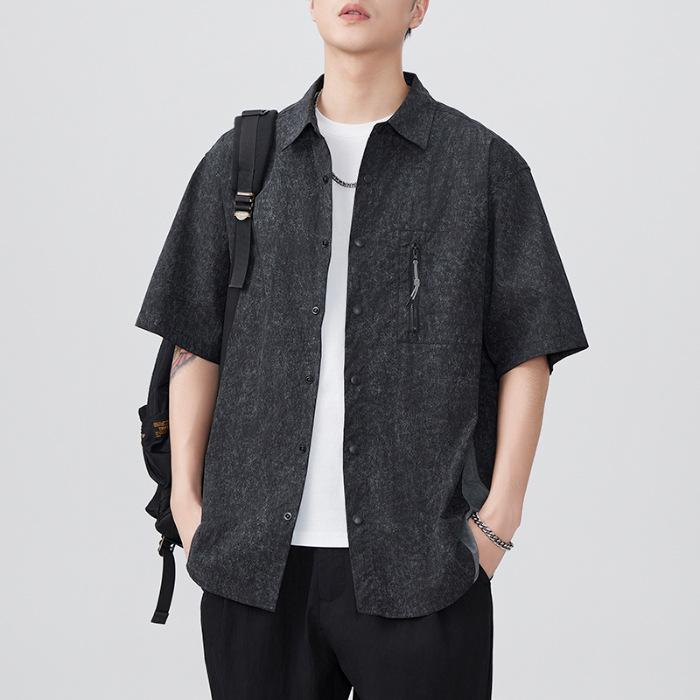 New Japanese Retro Summer Zipper Design Lapel Short-sleeved Shirt Loose and Casual