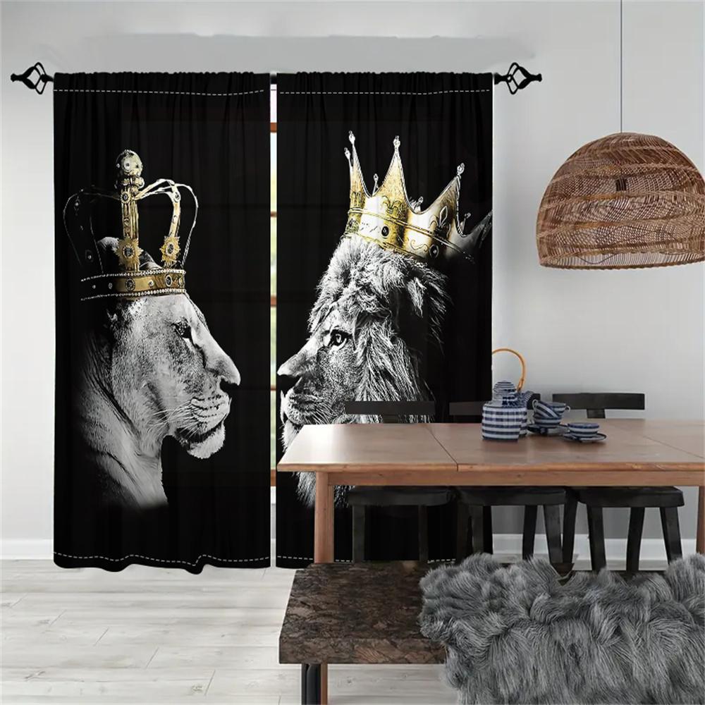 2Pcs Royal Lion Curtains Black White Gold Crown Animal Pattern Living Room Bedroom Study Sunshade Modern Art Decor Curtains