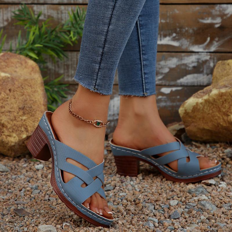 Fashion Elegant Round Toe Cross Tie Straps Slippers Women 2025 Summer Square High Heels Shoes Women Vintage Blue Daily Shoes