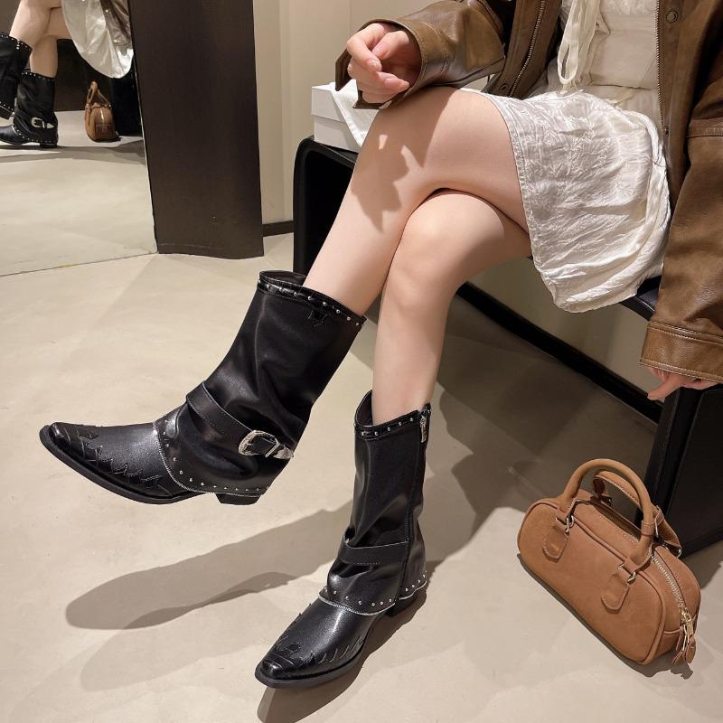 2025 New Leather Western Ankle Boots Buckle Strap Detail Pointed Toe Square Heel Vintage Fashion Footwear Casual Boots