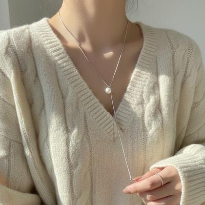 Lumia Silver Metall Kula Pärla Lång Hängande Mode Halsband
