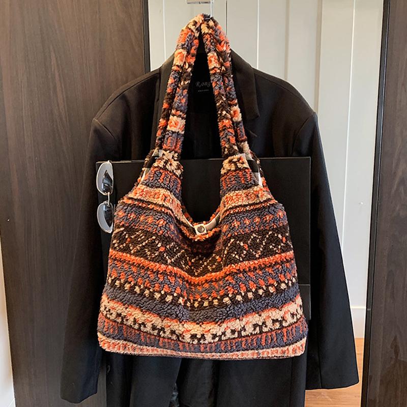 Women's Striped Plush Shopper Tote Bag Lightweight Large Capacity Ethnic Style Shoulder Bag Fluffy Casual Winter Underarm Bags