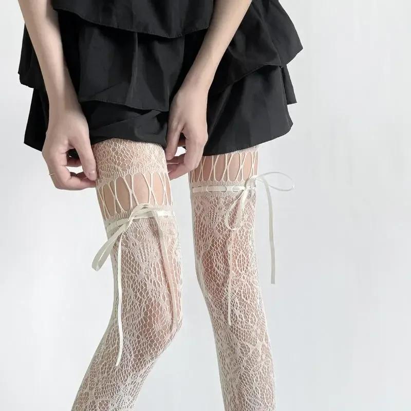 Y2K Fashion Gothic Flower Hollow Out Sexy Pantyhose Women Fishnet Bow Tie Ins  Girls Jk Tights High Elastic Hipster Leggings