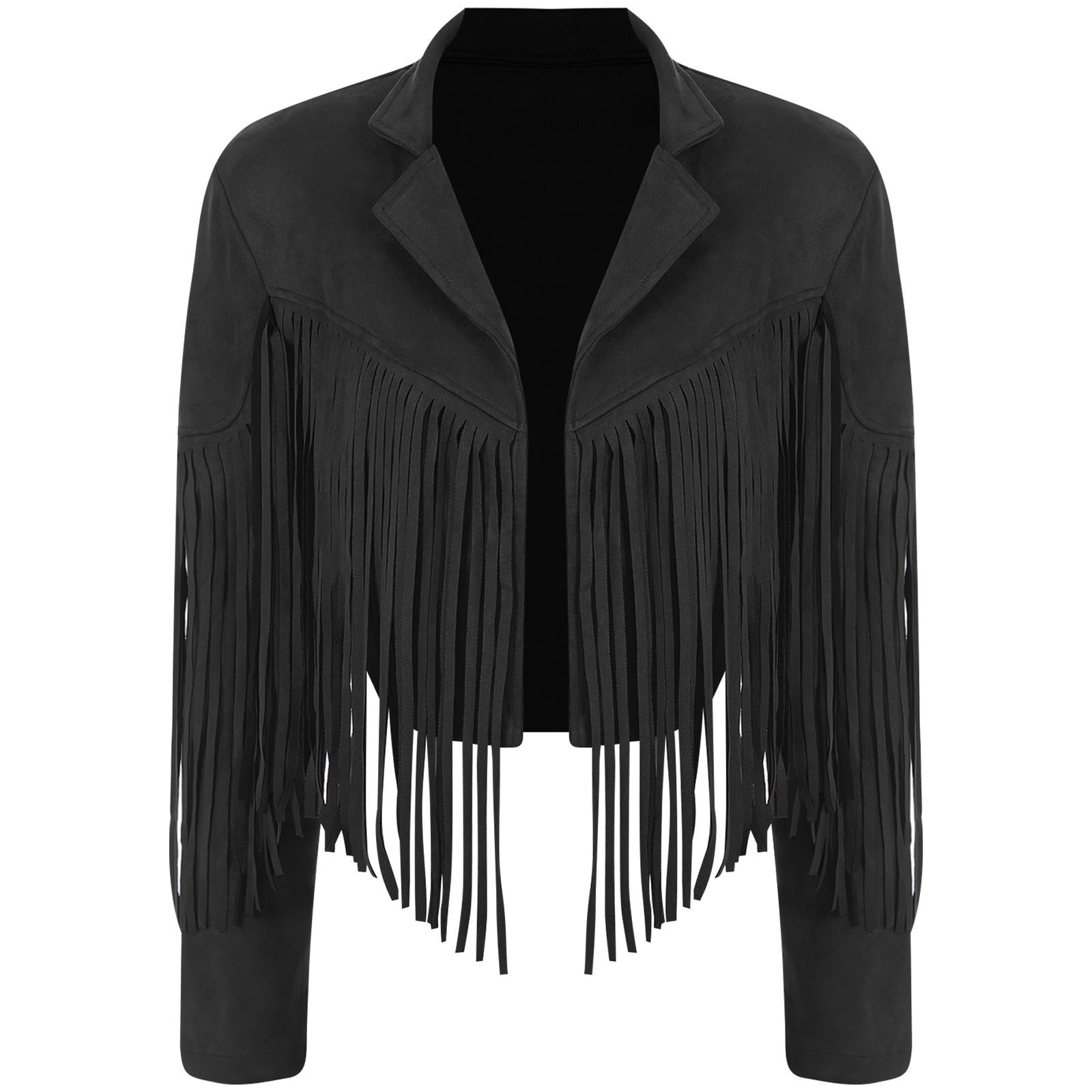 

Женская укороченная куртка с бахромой, искусственная замша, лацканы, открытый спереди, пальто в стиле хиппи в стиле ковбой 80-х годов M чёрный