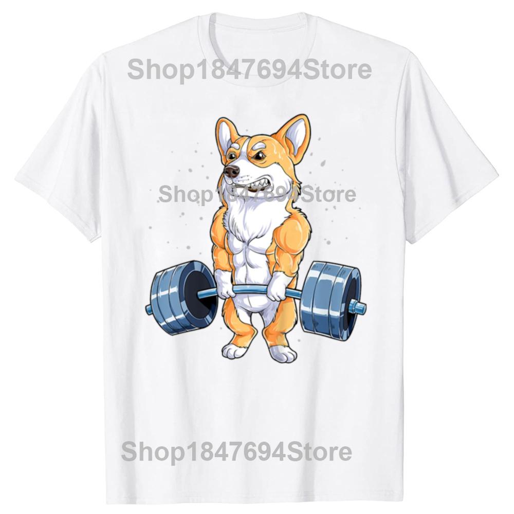 Corgi Weightlifting Funny Deadlift Graphic Cotton Tshirts Unisex Womens Fashion Casual Tshirt Loose Oversized Streetwear T Shirt
