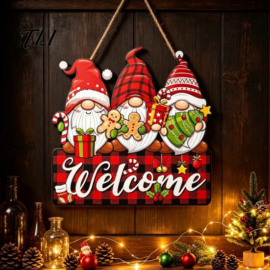 Holiday Atmosphere Wood Plaque Christmas Gnome Wooden Hanging Pendant, Cartoon Ornament, Merry Red And Green Sign Door for Home Shop Party Decoration