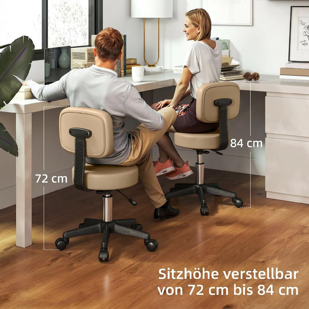 Rolling Stool Height-Adjustable with Backrest 72-84 Cm Tall 360 Degrees Swivel Work Stool for Office Salon Light Brown