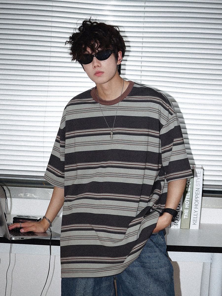 

Мужские летние футболки контрастного цвета в американском стиле для пар с коротким рукавом в стиле Харадзюку, мешковатая полосатая одежда XXL