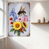 Vintage Style Metal Tin Sign Blue Background Rusty Brown Border, Flowers & Bee Illustration, Sunflower Poppy Bellflower Decor fo