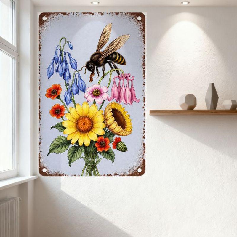 Vintage Style Metal Tin Sign Blue Background Rusty Brown Border, Flowers & Bee Illustration, Sunflower Poppy Bellflower Decor fo