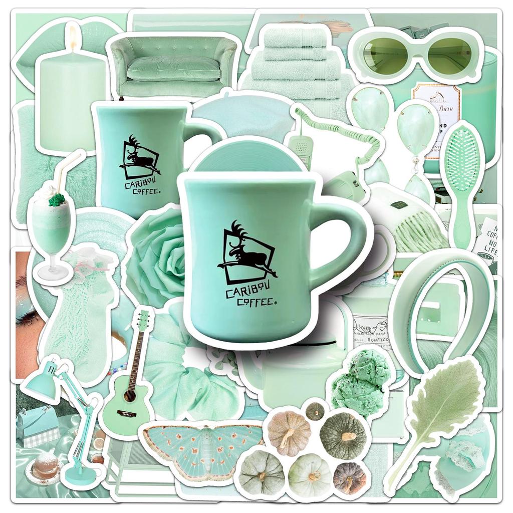 Nordic Mint Green Waterproof Stickers - 50 Sheets of Decorative Journal and Water Bottle Stickers