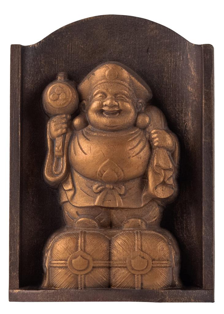 Daikokuten Buddha statue in a shrine (gold finish) - talismanic deity, ISM Seven Lucky Gods figurine