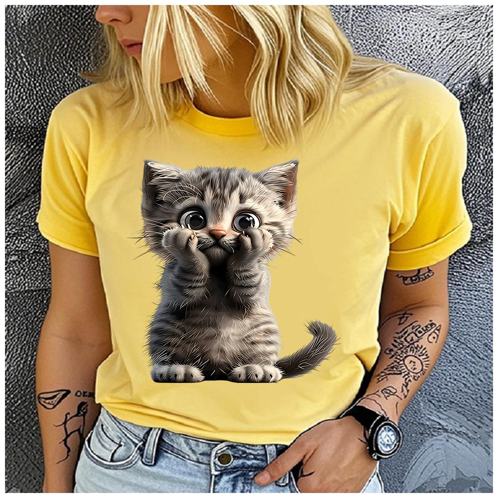 Unisex 100% Polyester Summer Top Cute and Playful Grey Tabby Cat Print Loose Round Neck Short Sleeve Fashion for Lovers