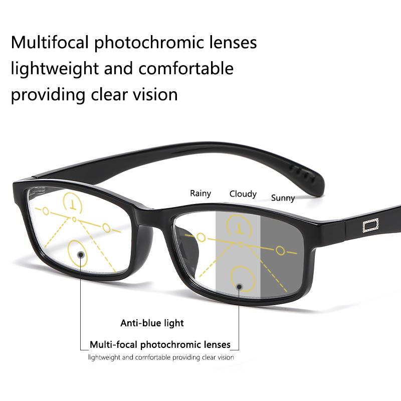 Trendy Light Color Changing Reading Glasses Ultra Light Square Frame Multi Focus Dual Purpose Eyewear 8892