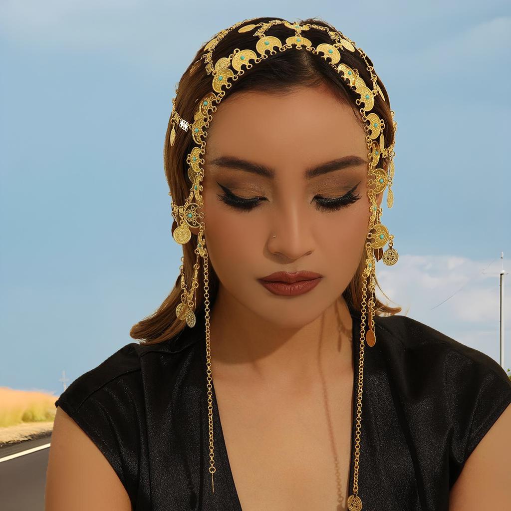 Arabian Bridal Headgear Gold Fringed Sequined Head Chain Stage Performance Accessories Ethnic Style Travel Photo Head Cover