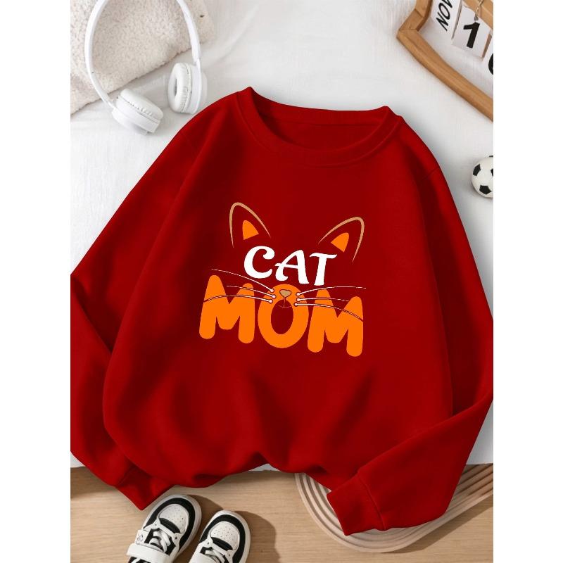 Cat Mother Girls Autumn And Winter Fashion Sweatshirt Creative Christmas Elements Casual Long Sleeve Round Neck, Girl Christmas Gift Print