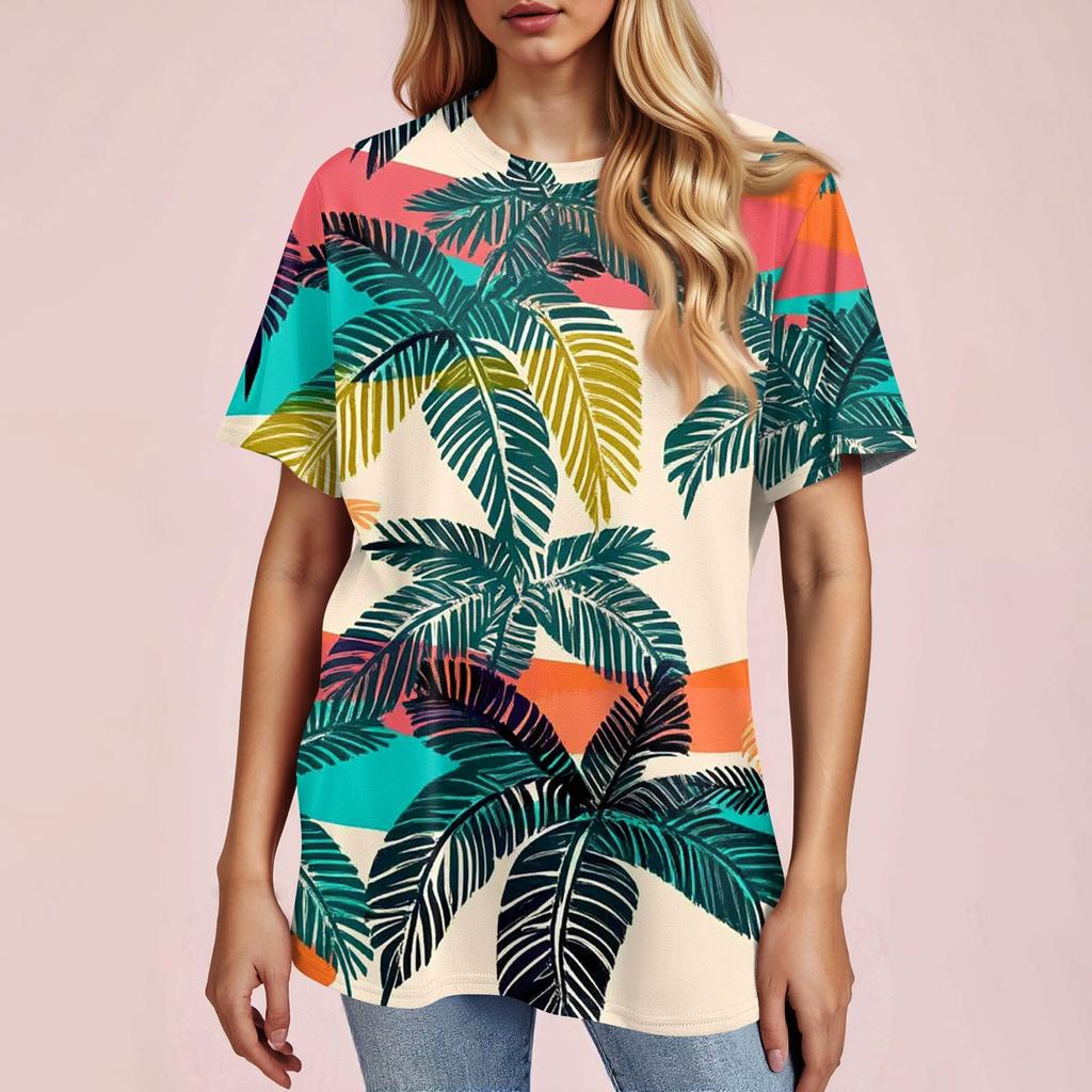 Women's Fashionable Casual Short Sleeve Print Round Neck Pullover Top