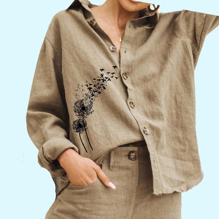 

Женская модная блузка с принтом, женская хлопковая льняная рубашка с длинными рукавами, повседневная рубашка на пуговицах M