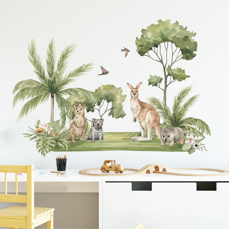 Cartoon Tropical Plants Coconut Tree Kangaroo and Raccoon Wall Sticker Self-Adhesive Removable for Bedroom Entryway Home Decor