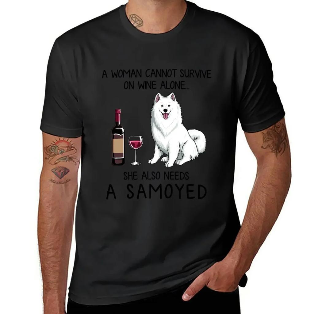 Samoyed and wine Funny gift for dog mom T-Shirt quick-drying tees summer top men clothes