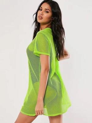 Damen Kurzarm T-Shirt Ausgehöhltes Netz Spicy Girl Fluoreszierender Badeanzug Set Mit einem Unterhemd Kleid O-Ausschnitt T-Shirt Oberteile