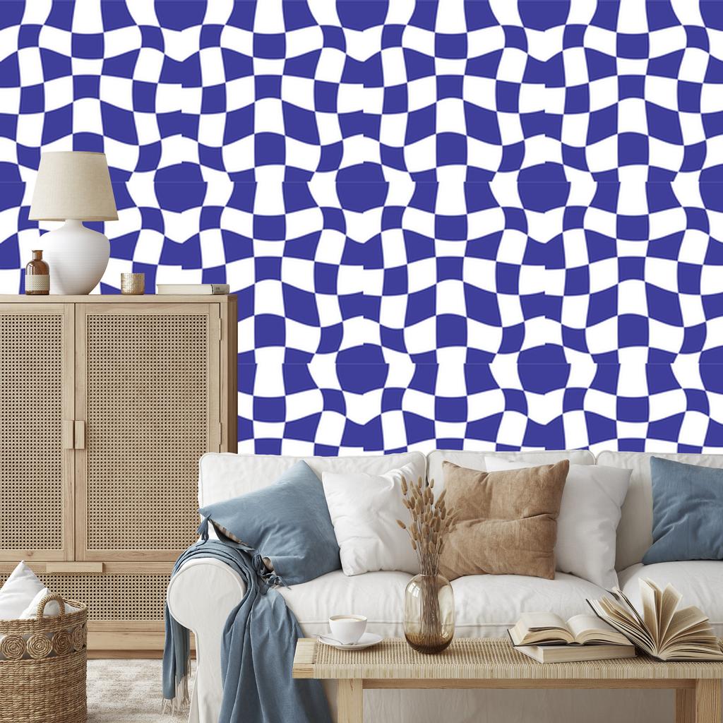 Wallpaper Casual Checkerboard Blue, White and Light Gray 50x1000