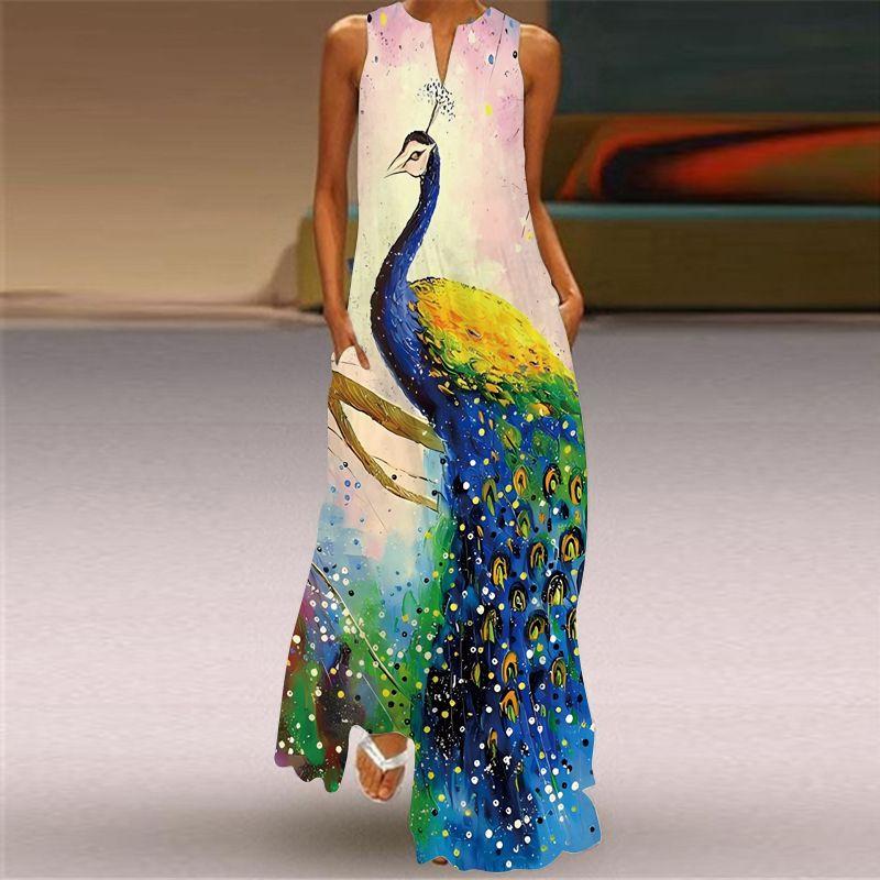 Dress Women 3D Print Peacock Dragon Big Elephant Horse Tiger Lion Animal Pattern Sleeveless Maxi Dress