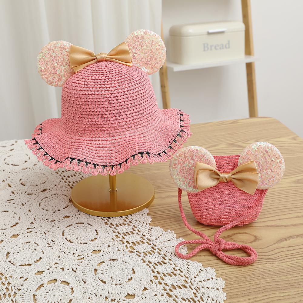 New Arrival Straw Hat And Bag Set For Girls Kids Fashion Summer Bow Lovely Princess Sun Cap Outdoor Cartoon Beach Waved Hats