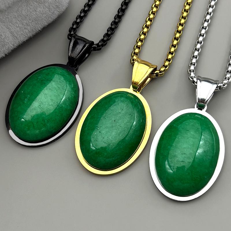 Trendy Natural Stone Female Chain For Women Men Stainless Steel Green Oval Shape Elegant Party Elegant Charm Necklace Jewelry